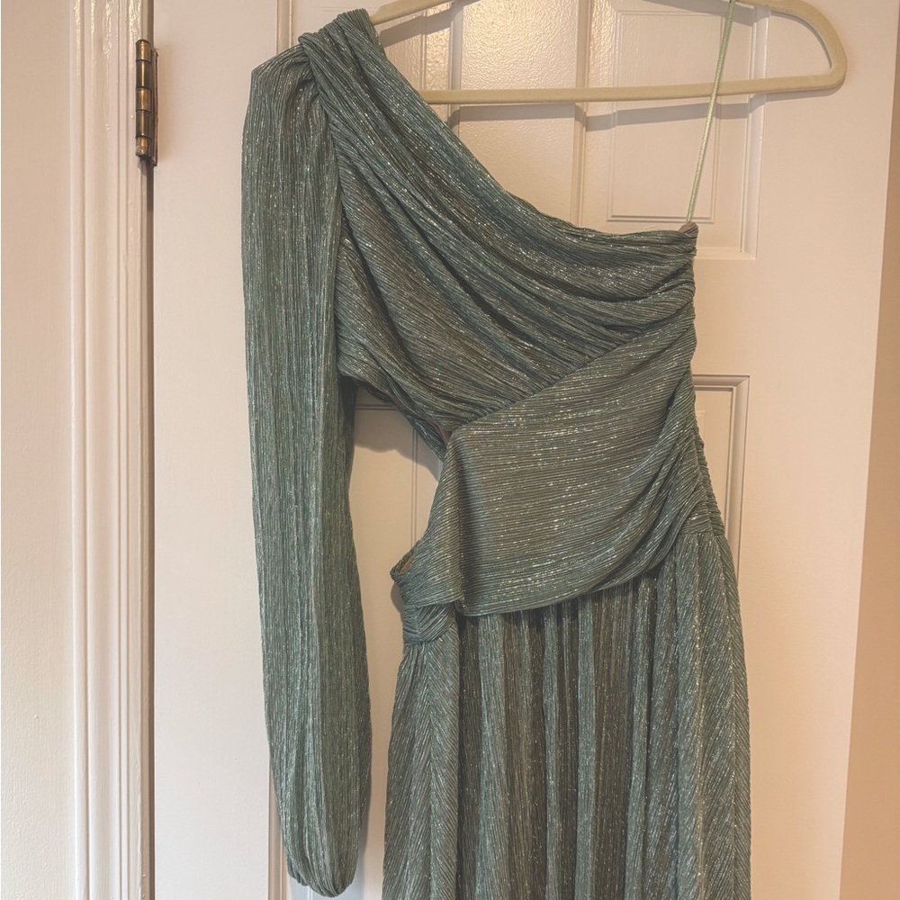 PatBo one shoulder metallic dress in sea green